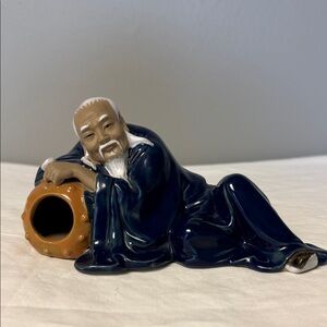 Vintage Chinese Mudman Figurine Reclining Scholar Blue Robe Porcelain 4in